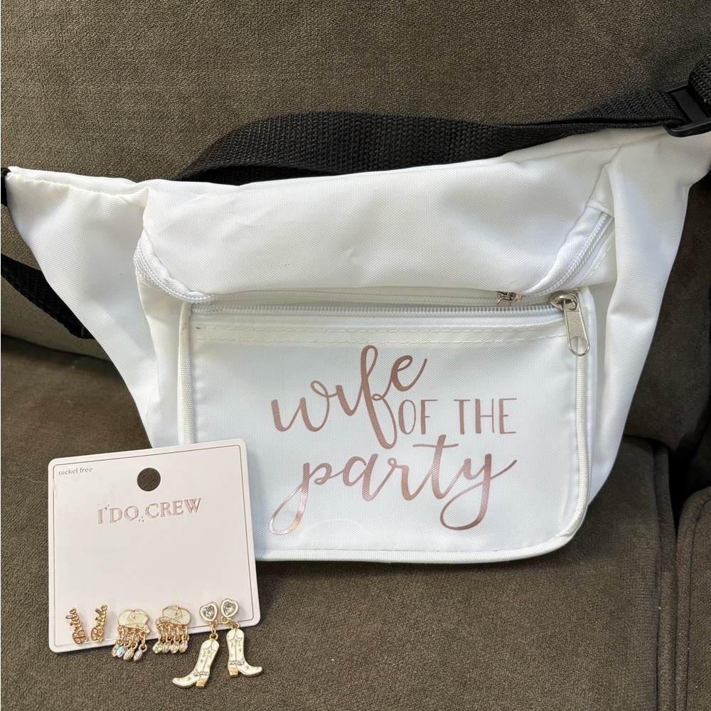Bride Wife Bundle Cowgirl fanny pack, bum bag, earring set “WIFE OF THE PARTY”